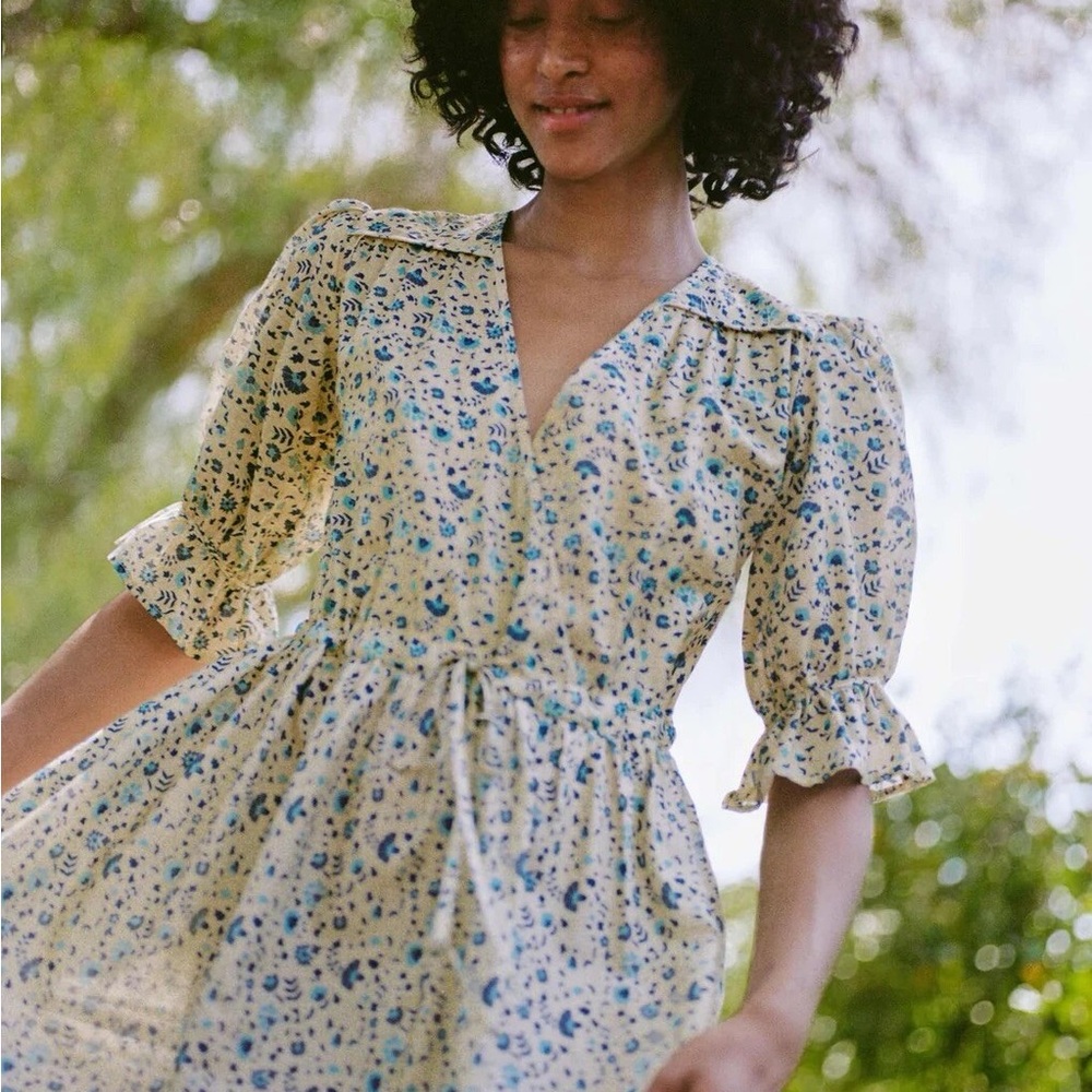 Christy Dawn Cream Floral Midi Dress with Green Border